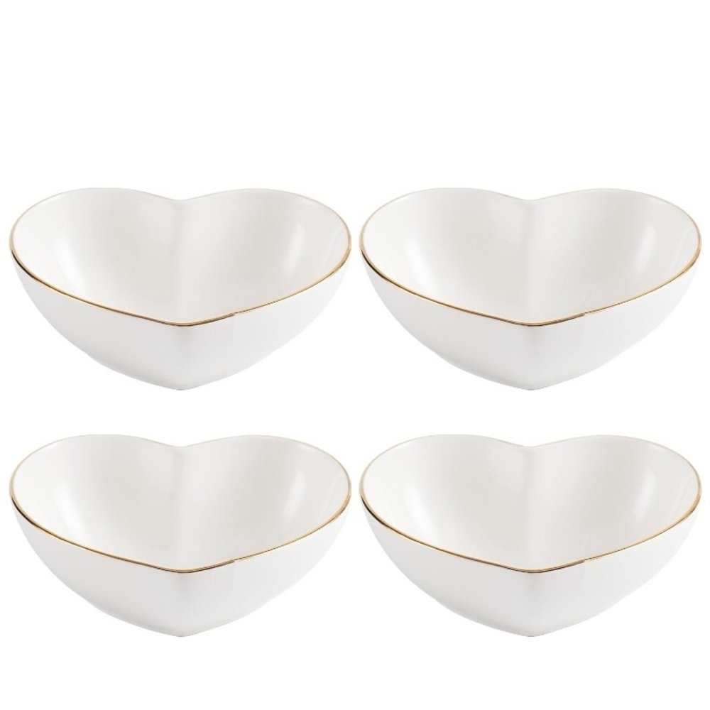 Elegant White Heart-Shaped Bowls with Gold Trim-4 piece